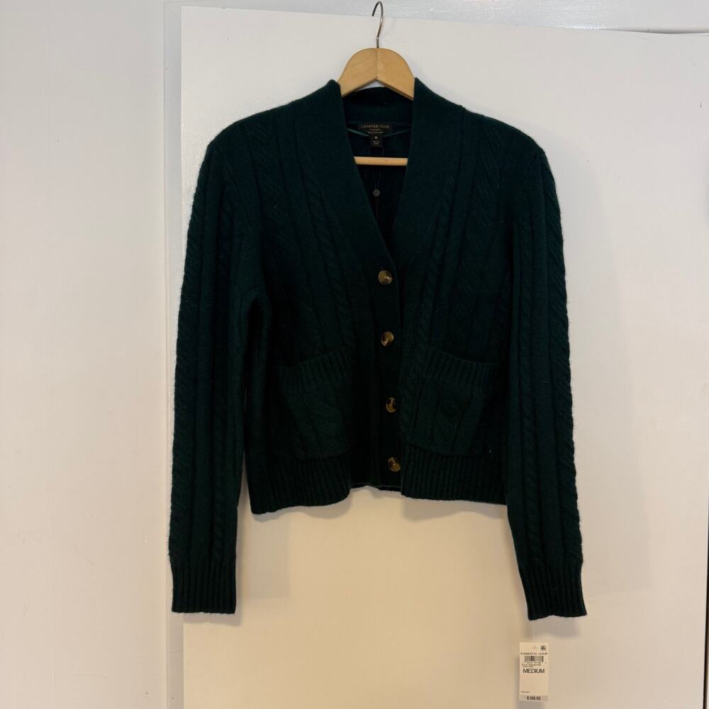 Charter Club Women's Luxury 100% Cashmere Knit Cardigan Deep Pine M Medium NWT